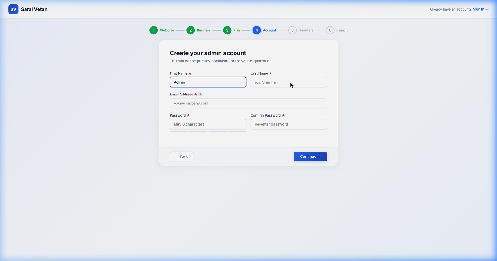 Admin Account Creation
